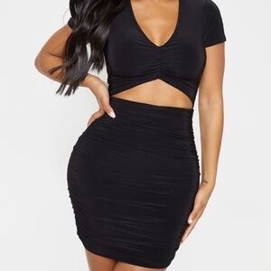 NWT PRETTY LITTLE THING BLACK RUCHED FRONT CUT OUT BODY CON DRESS